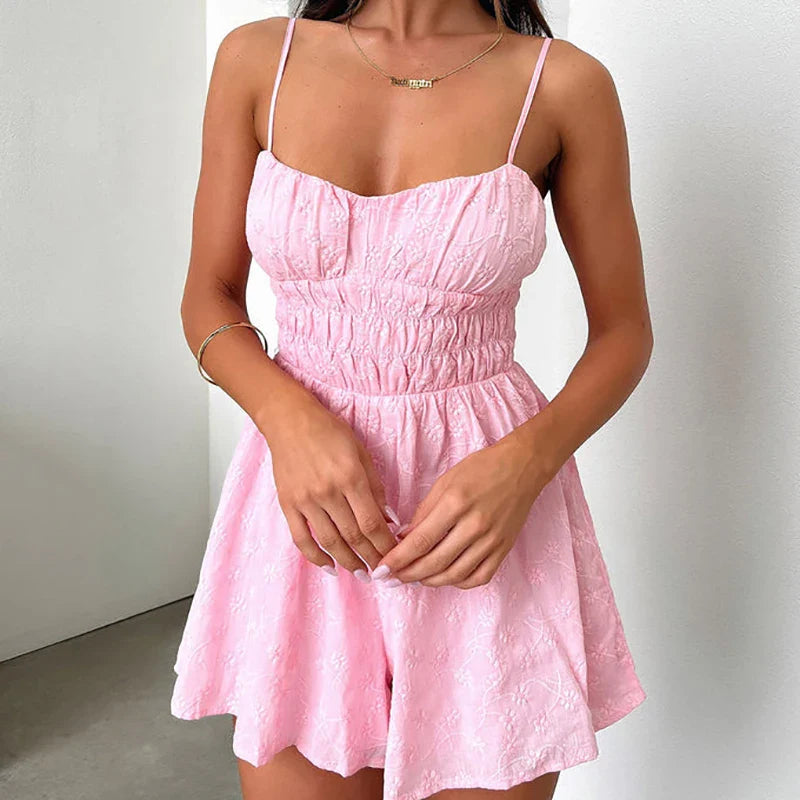 vmtvr Fashion Sleeveless Pleated Beach Romper Casual Jacquard High Waist Shorts Playusuit Summer Sexy Hollow Solid Suspender Jumpsuit