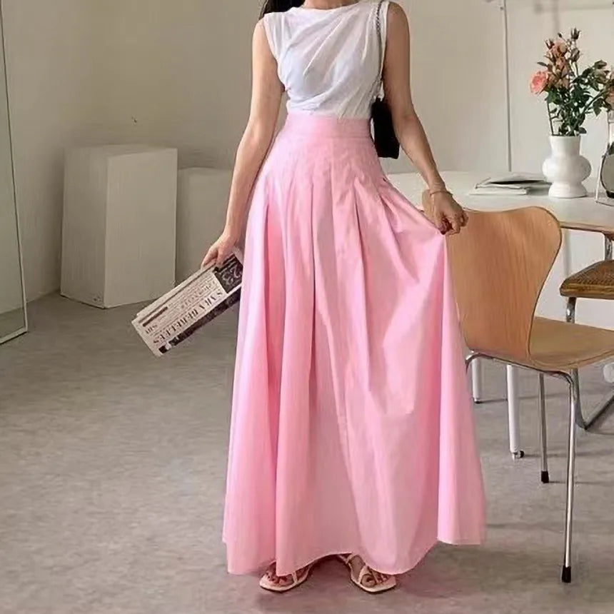 vmtvr Elegant Women Long Pleated Skirts For Female Casual Loose A-Line High Elastic Waist Maxi Skirt 2024 Spring Summer