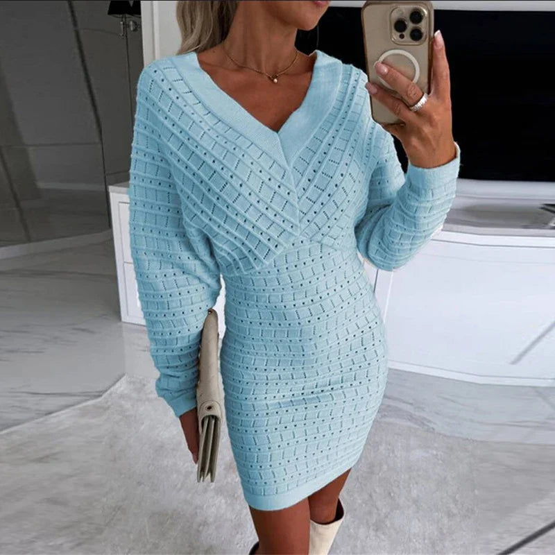 vmtvr Sexy Double V-neck Backless Knitted Dress Women Autumn Batwing Sleeve Slim Bodycon Dress Winter Solid Hollow Warm Pullover Dress