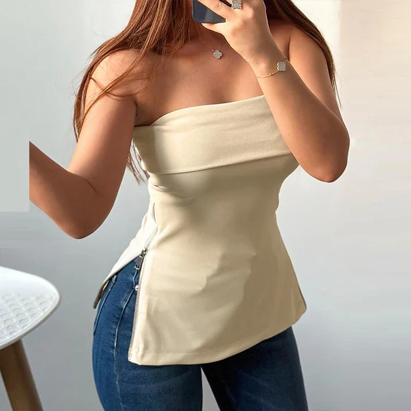 vmtvr Sexy Strapless Draped Women T-shirts 2024 Spring Fashion Both Side Zip-up Tops Pullover Summer Off Shoulder Backless Hollow Tees