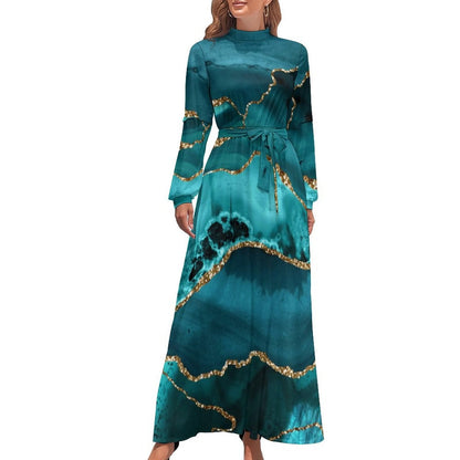 Marble Print Dress Watercolor Flow Abstract Aesthetic Bohemia Dresses Female Long Sleeve High Neck Sexy Long Maxi Dress