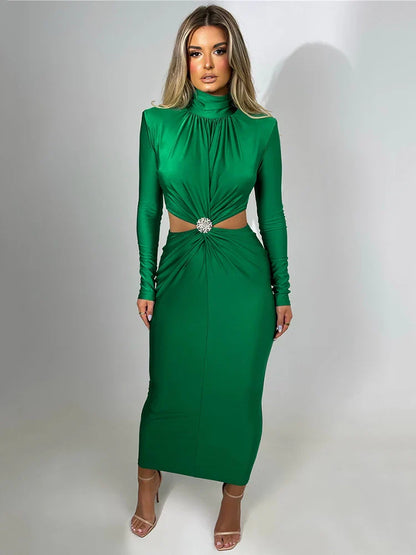 vmtvr - Elegant Hollow Out Sexy Maxi Dress For Women Autumn Winter New Turtleneck Long Sleeve Bodycon Club Party Evening Dress