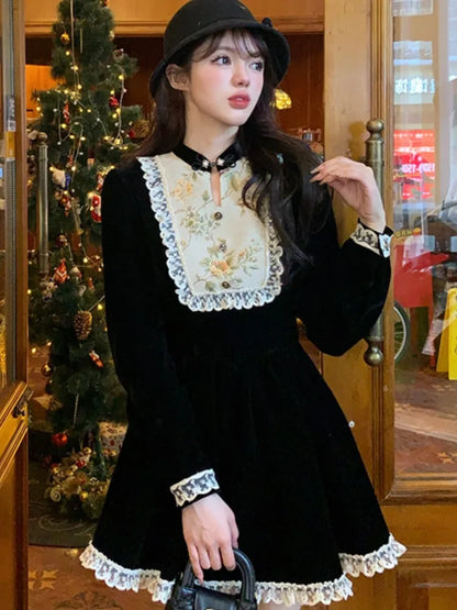 vmtvr  -  Women's Elegant Long Sleeve A-Line Velvet Mini Dress Birthday Party Dress Female Clothing Patchwork Fashion Spring Autumn New