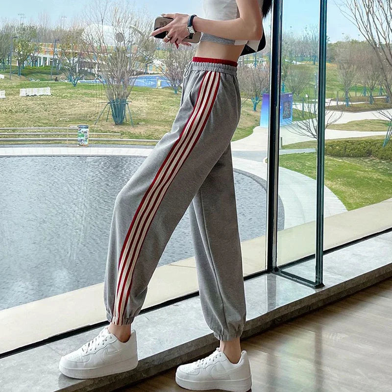 vmtvr High Waist Women Sweatpants Korean Fashion Striped Loose Ankle Length Pants Female Summer All Match Streetwear Harem Pants