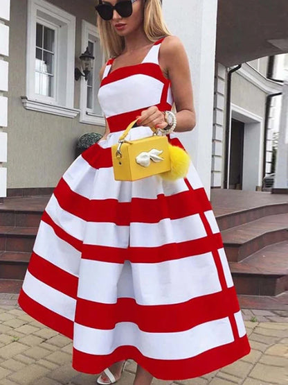 vmtvr  -  Vintage Striped Print Suspender Party Dress Summer Sexy Off Shoulder Princess Dress Women Elegant Sleeveless Long Dress Vestidos