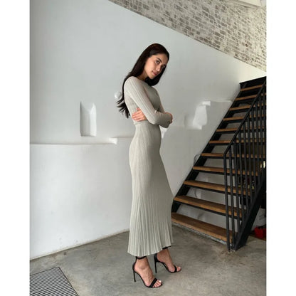 vmtvr  -  Striped Knitted Maxi Dress Long Sleeve Dresses O-neck Chic Slim Y2k Robe Westidos Vacation Streetwear Women's Clothing Birthday