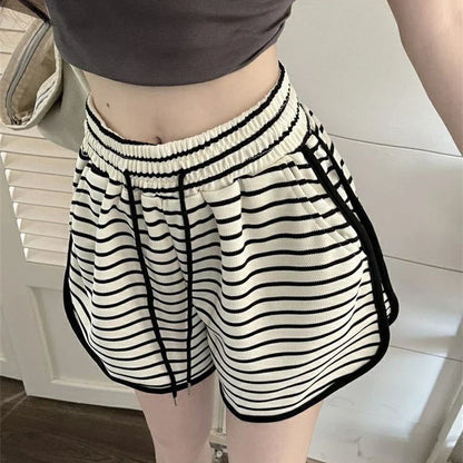 vmtvr Women High Waist Sports Shorts Summer Fashion Stripes Loose Wide Leg Pants Korean Casual Female All Match Shorts New