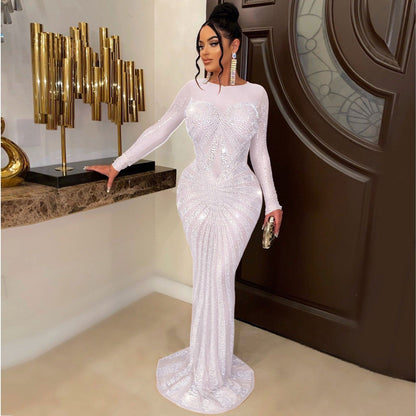 vmtvr Sexy Rhinestones Floor-length Evening Dresses Luxury Elegant Women's O-neck Long Sleeve See-through Mesh Night Club Long Dress