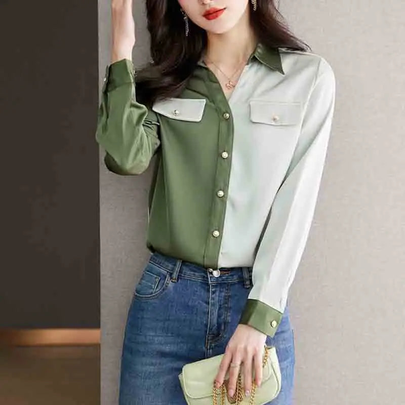 vmtvr Office Lady Korean Clothing Fashion Long Sleeve Chiffon Shirt Spring Summer Women Casual Versatile Contrast Color Chic Blouse