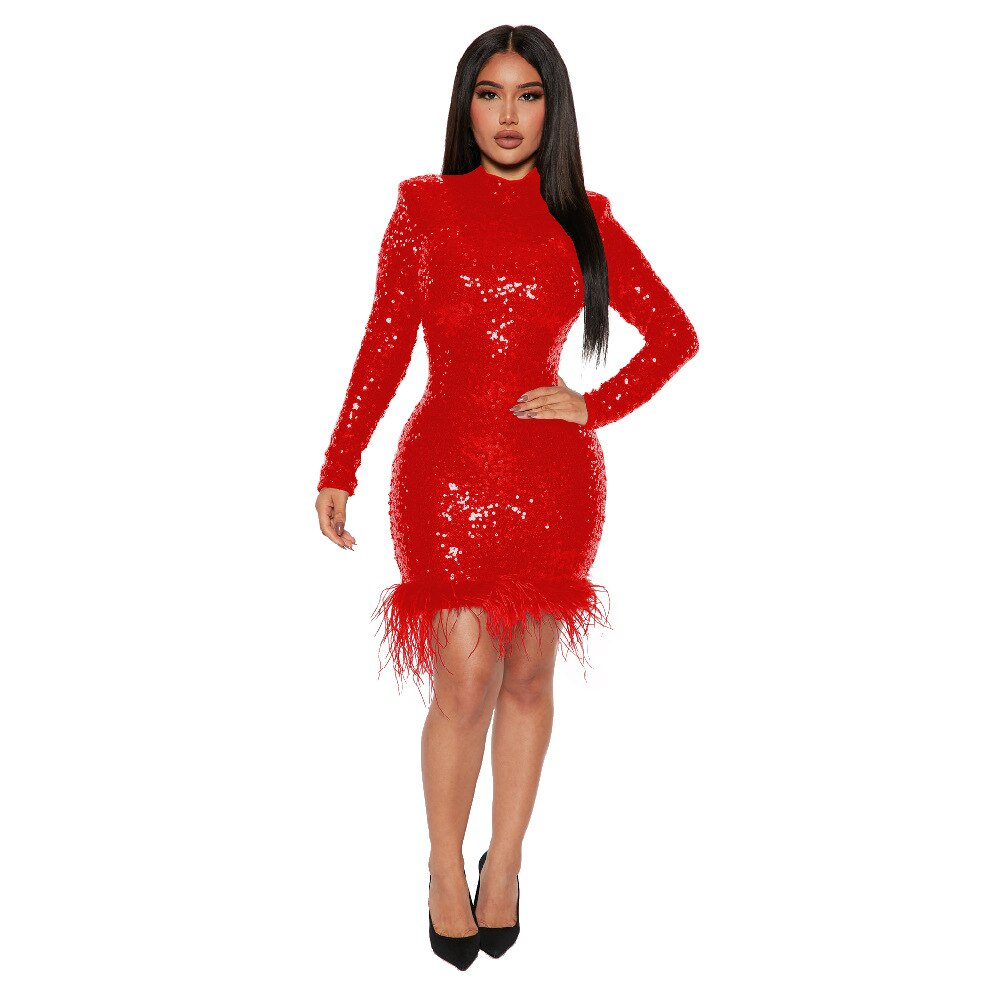 vmtvr - Fashion Sexy Bodycon Birthday Party Dress for Women 2023 Spring Long Sleeve Feather Sequins Short Evening Dresses Black Red