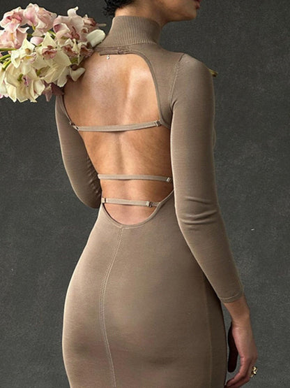 Turtleneck Backless Bodycon Midi Dress For Women New Autumn Winter Long Sleeve Club Party Sexy Long Dress Vestidos