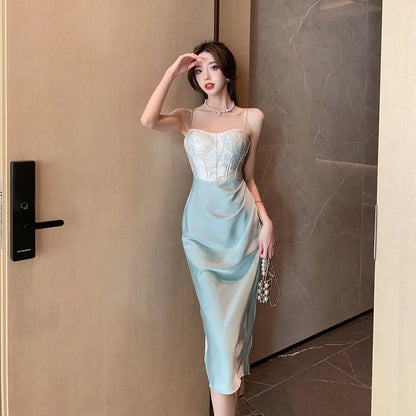 vmtvr Sexy Backless Midi Dresses for Women Summer Elegant Party Prom Suspender Female Clothes Vestidos Satin Embroidery Evening Dress