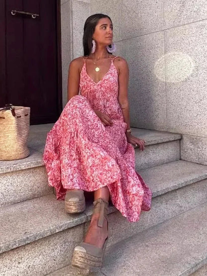 vmtvr  -  V-neck Women Sundress Backless Smocked Sexy Boho Dress Casual Beach Vestidos Maxi Long Fashion Pink Dress Holiday New