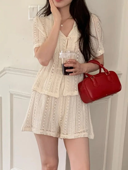 vmtvr Summer Casual Hollow Out Two-piece Clothing Set Women V-neck Cropped Top + Solid Shorts Korean Chic Elegant Lady Outfits New