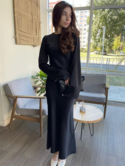 Tossy Satin Fashion Slim Maxi Dress For Women Long Sleeve High Waist Elegant Solid Party Dress Casual Luxury Ladies Summer Dress