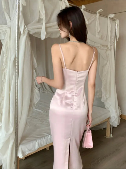 vmtvr Sexy Bodycon Pink Satin Midi Dress Women New Summer Spaghetti Strap Slim Backless High Split Evening Party Dresses Prom Vestido