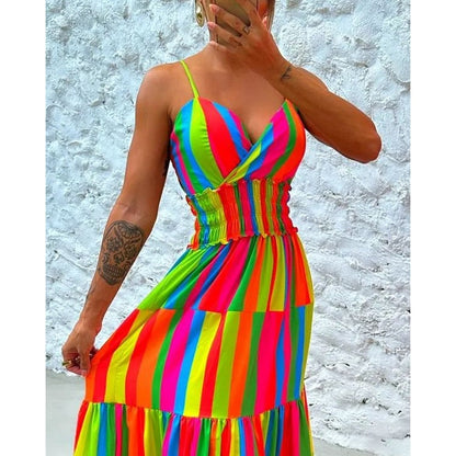 Sexy Women Colorblock V-Neck Spaghetti Strap Tie Detail Maxi Dress Summer Casual Ruched Shirring Waist New in Elegant Outfits