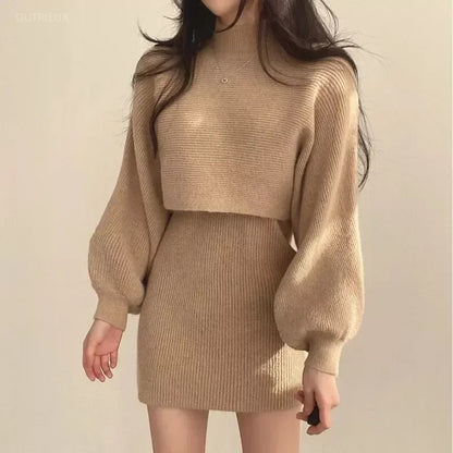 vmtvr Two Piece Set Female Sweater Dress Autumn Winter High Waist Knitted Femme Short Party Es Elegant Slim Black Sexy