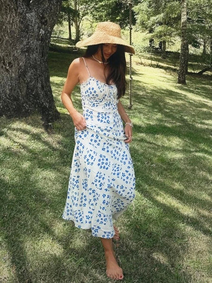 vmtvr  -   Ruffles Straight Elegant Women's Dress Summer Printed Boho Beach Maxi Dress Spaghetti Strap Floral Blue Sundress