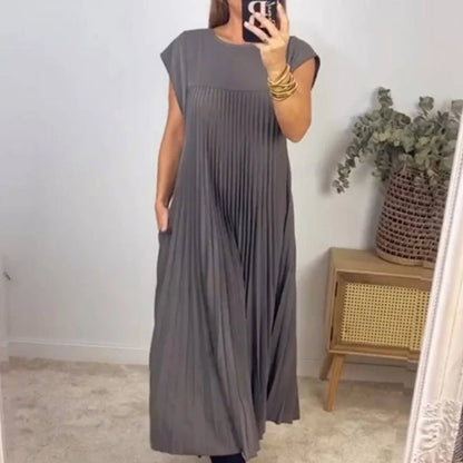 vmtvr Chic Fashion O-neck Pleated Long Party Dress Women 2024 Spring Solid Pockets Boho Maxi Dress Summer Sleeveless Loose Beach Dress