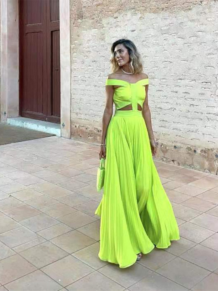 Women Sexy Cut Out Slash Neck Backless Long Dress Elegant Bandage Solid Pleated Dresses Female Fashion Evening Party Gown