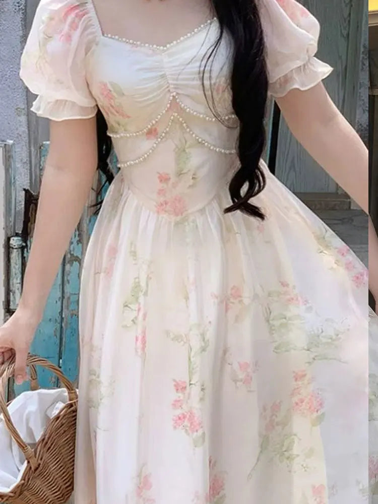 Summer Vintage Floral Print Dress Women Casual Square Collar Midi Dress Female Puff Sleeve Korea Elegant Fairy Dress Vestido NEW