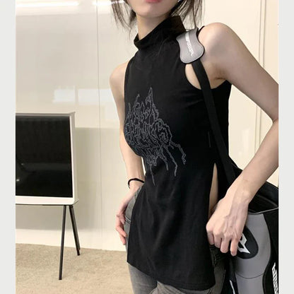 vmtvr Summer Fashion Printed T Shirts Women Casual Streetwear Slim Tops Y2K Female All Match Slit Sleeveless Tees