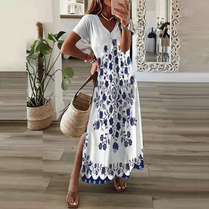 vmtvr Vintage Print Maxi Dress Women  Summer Elegant V Neck Short Sleeve Loose Split Casual Dress Female Party Boho Beach Vestidos