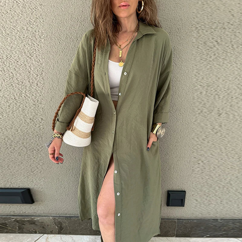 vmtvr  -  Spring Casual Solid Lazy Long Shirt Dress Women Single Breasted Split A-Line Party Dress New Autumn Long Sleeve Lady Party Dress