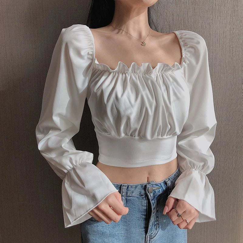 vmtvr Sexy Cropped Chiffon Shirts Women Summer Fashion Folds Female Lantern Sleeve Tops Y2K Korean Casual All Match White Blouse