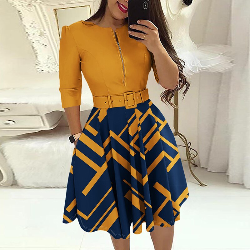 Mini Dresses O-neck Three-quarter Sleeve With Belt A-line Skirt Print Patchwork Party Dress Autumn 2023 Fashion Elegant Vestidos