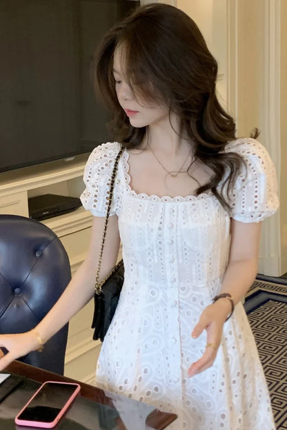 vmtvr  -  Summer Korean Chic White Midi Dress Women Elegant French Hollow Out Sexy Kawaii Vestidos Fashion Casual Short Sleeve Dress