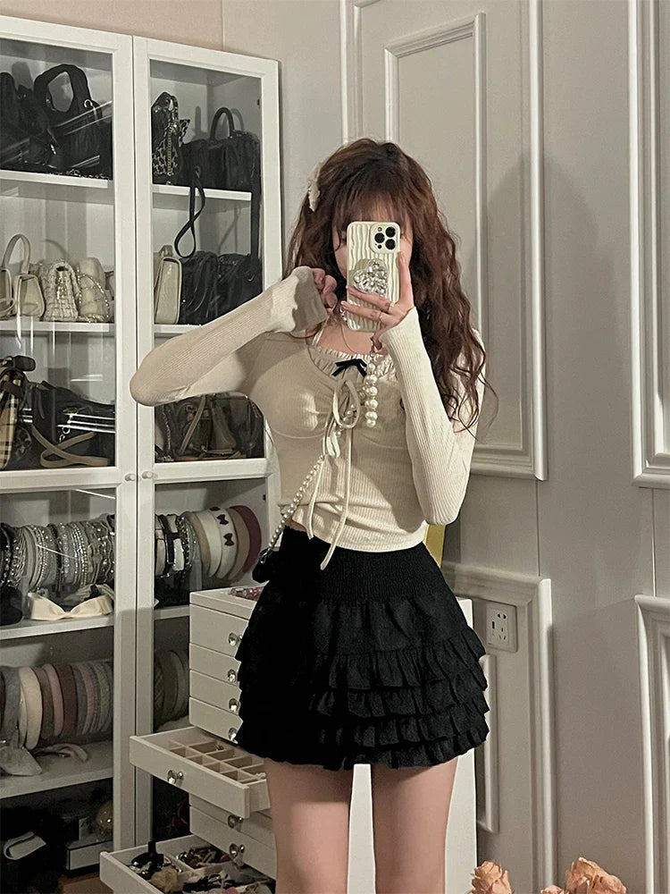 vmtvr Summer Korean Fashion Outfits Elegant French Y2k 2 Piece Dress Set Women Casual Long Sleeve Tops + Bodycon Mini Skrits