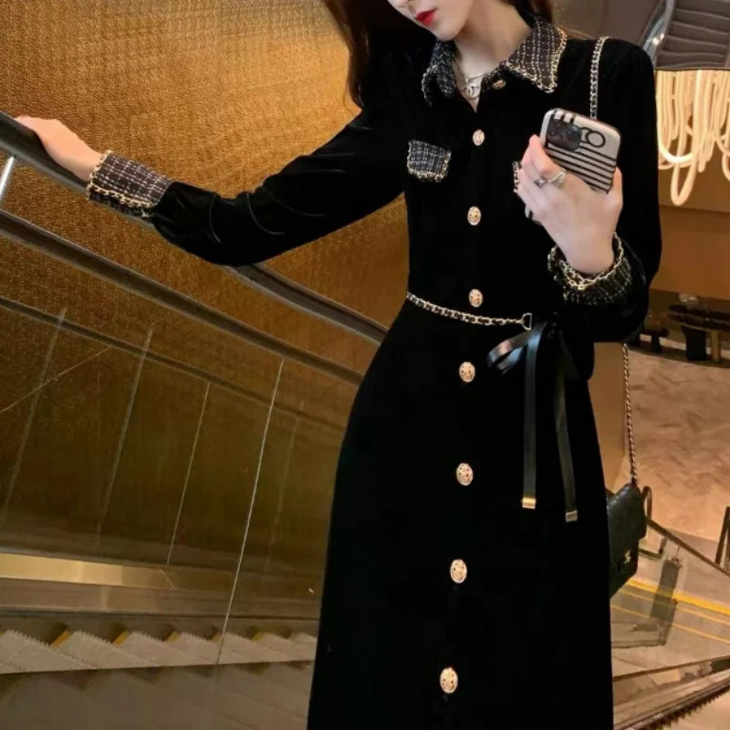 vmtvr  -  Autumn Elegance Simple Small Fragrance Dress Women Waist Closing Slim Polo Neck Button Long Sleeve High End Black Velvet Dresses