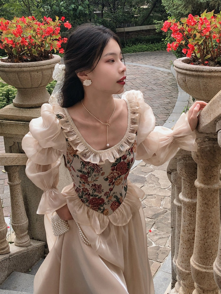 vmtvr French Vintage Print Floral Dress Women O-neck Elegant Evening Party Midi Dress Female Puff Sleeve Korea Fairy Dress Autumn