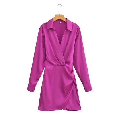 New Women Green Satin Ruched Mini Dress Vintage Lapel Collar Long Sleeve Office Ladies Dresses