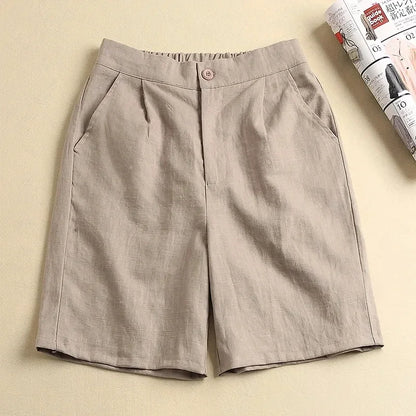 vmtvr Khaki Solid Casual Linen Cotton Elastic High Waist Wide Leg Button Loose Women's Shorts Korean Fashion Summer Shorts