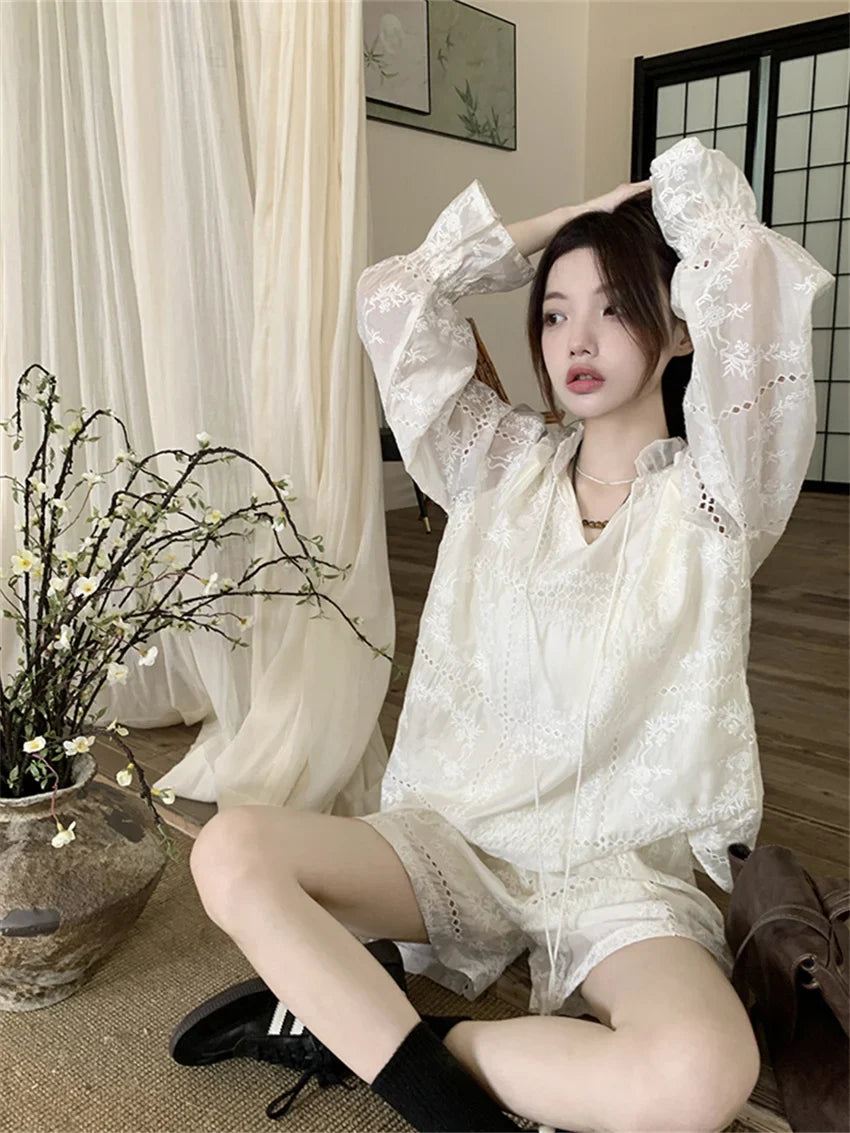 vmtvr White Women Suits Hollow Out Flare Full Sleeve Blouses Summer Office Wear Sweet Casual New OL Wide Leg Loose Shorts