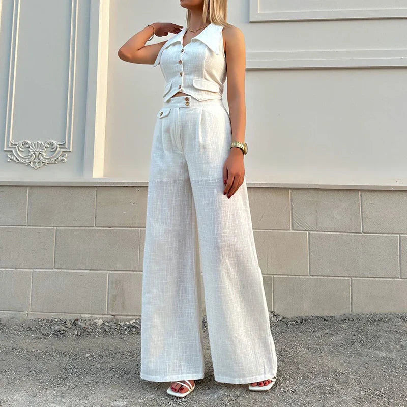 vmtvr Ladies Turn-down Collar Button Top and Wide Leg Pants Set Fashion Elegant Commuting Slim Suit New Summer Streetwear Solid Outfit
