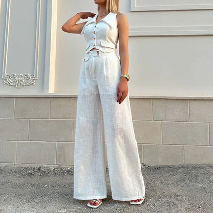 vmtvr Ladies Turn-down Collar Button Top and Wide Leg Pants Set Fashion Elegant Commuting Slim Suit New Summer Streetwear Solid Outfit