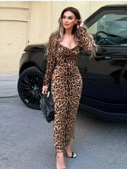 vmtvr  -  Leopard Print Long Dress Women Sexy V-neck Slim Long Sleeve Square Collar Party Club Dresses Summer Lady Fashion Vestidos