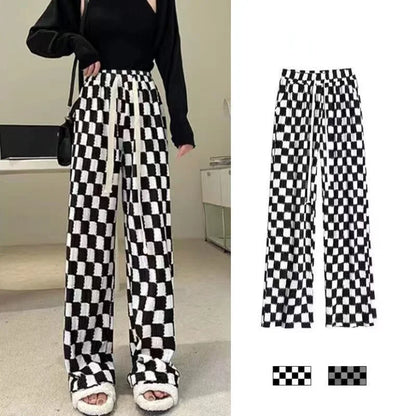 vmtvr Koreon Harajuku Casual Women Plaid Pants Spring Summer Thin Elastic High Waist Streetwear Fashion Loose Sports Straight Trousers