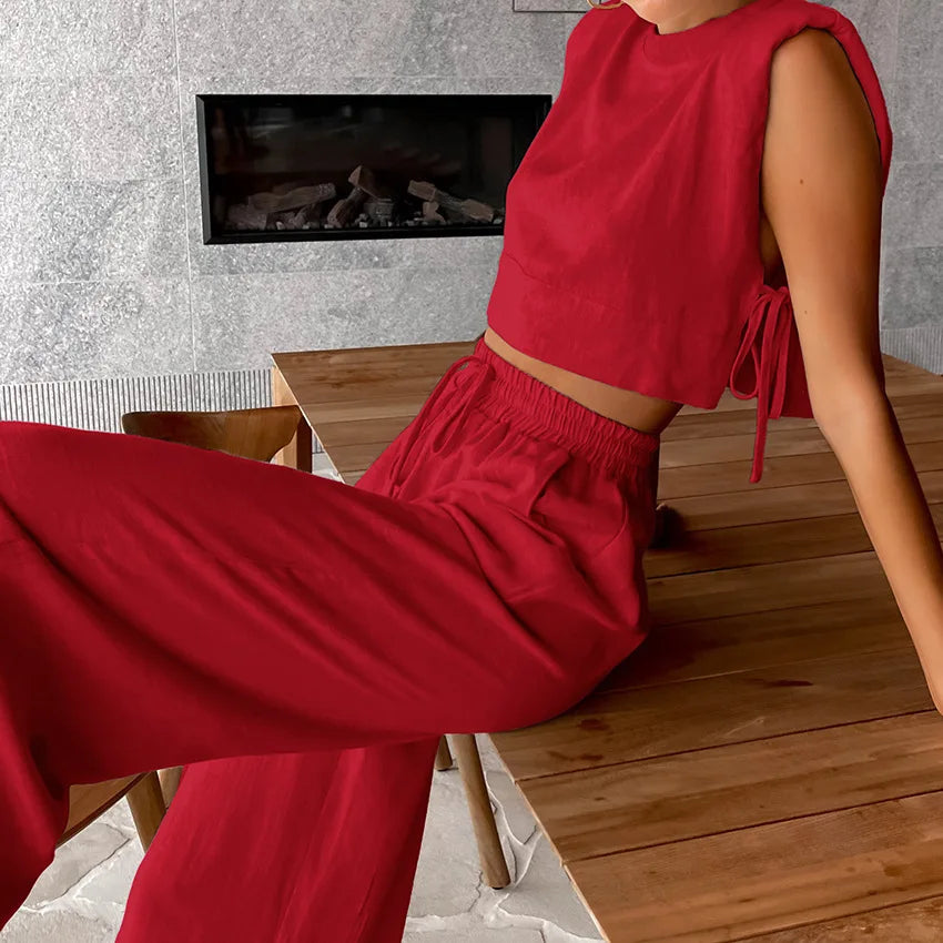 vmtvr Women's Cotton Linen Pants Set Summer Women's Loose Shoulder Pads Side Slit Sleeveless Top Casual Pleated Wide Leg Pants Suit