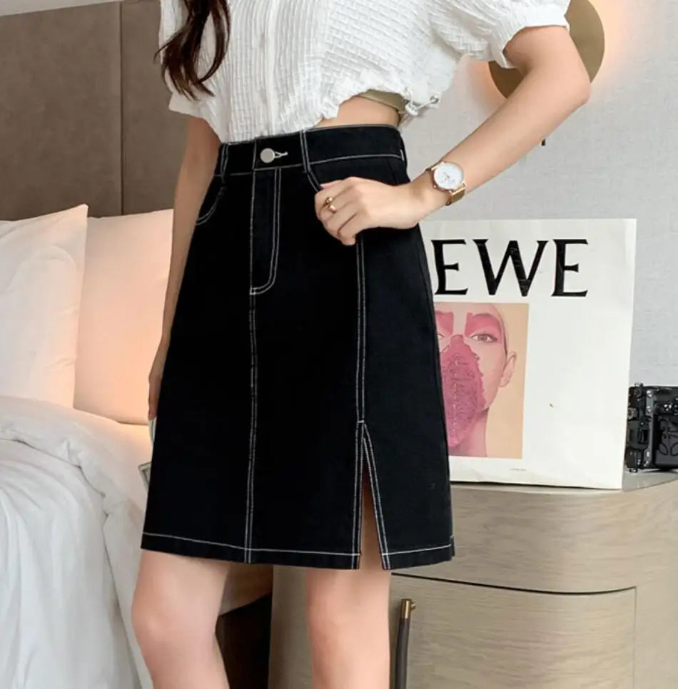 vmtvr Vintage Women Side Split Denim Skirts Pocket Ladies 2024 Summer A-Line Loose Casual High Waist Knee-Length Jeans Skirt