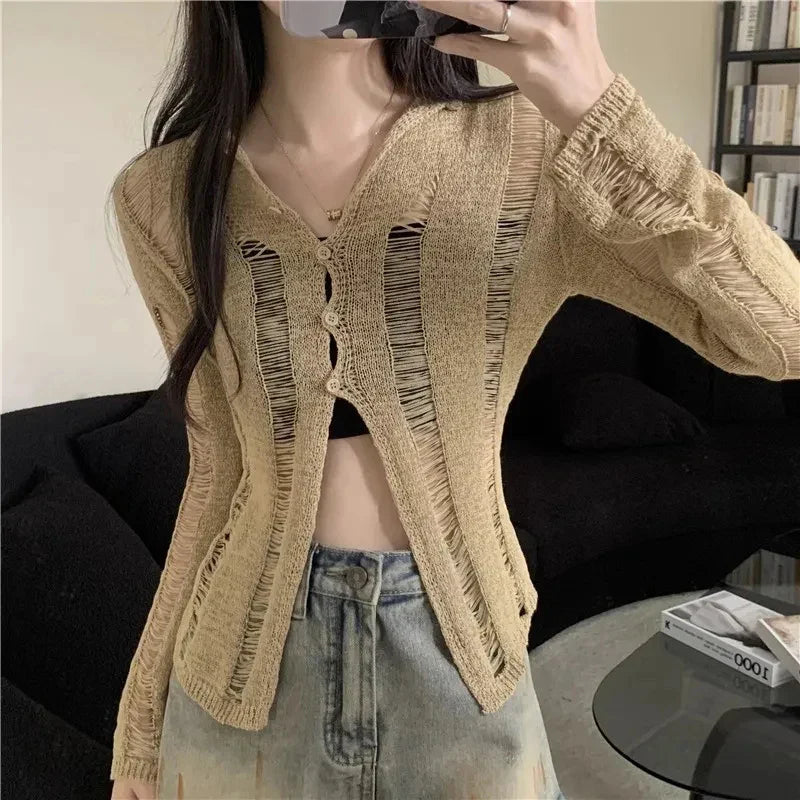 vmtvr Vintage Women Knitted T Shirts Summer Korean Hollow Out Long Sleeve Tops Casual Female Button Slim Cardigan Tees New