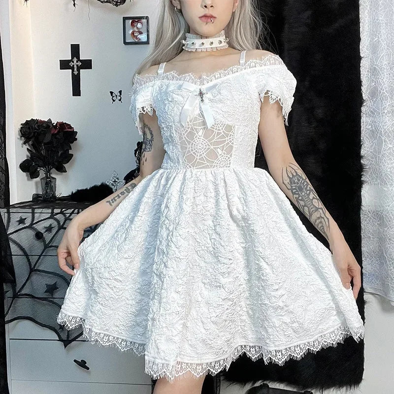 vmtvr  -  Gothic Cosplay Women's Party Dress Black White Red Halloween Harajuku Lolita Kawaii Sundress Cute Soft Girl Y2k Short Dresses