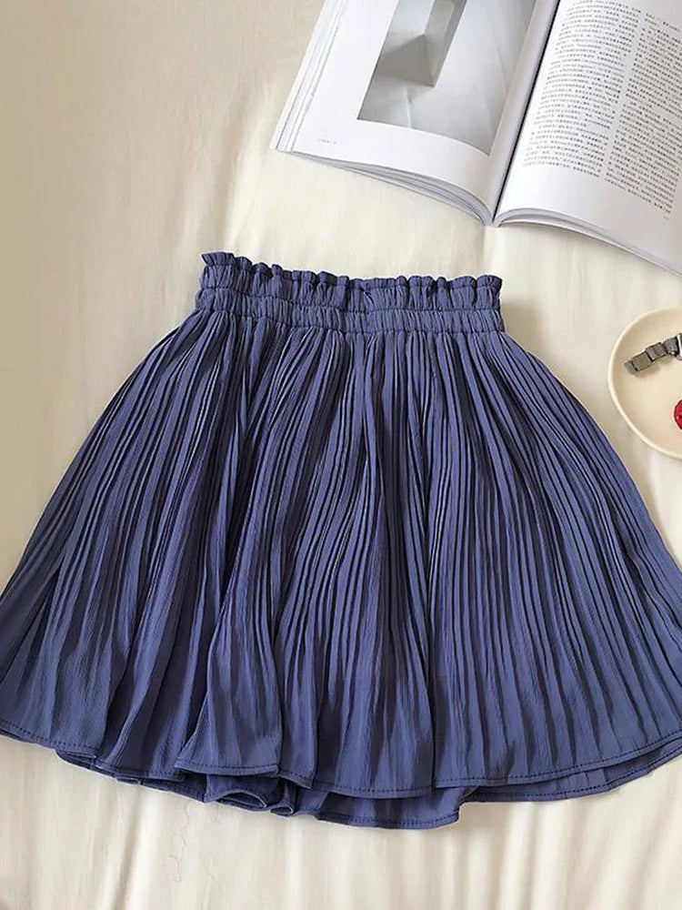 vmtvr Chiffon Beach Women Pleated Skirt Korean Sweet A Line Mini Skirt Summer High Waist Simple Female High Quality Fashion Skirt