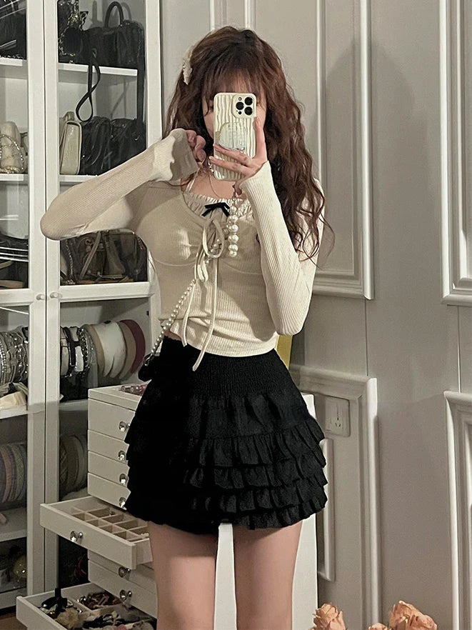 vmtvr Summer Korean Fashion Outfits Elegant French Y2k 2 Piece Dress Set Women Casual Long Sleeve Tops + Bodycon Mini Skrits