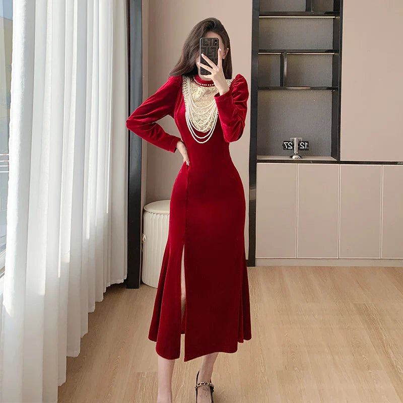 vmtvr  -  Fashion French Beading Necklace Sequin Red Velvet Party Dress Fall Winter Women Stand Collar Split Bodycon Mermaid Long Clothes