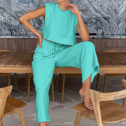 vmtvr Women's Cotton Linen Pants Set Summer Women's Loose Shoulder Pads Side Slit Sleeveless Top Casual Pleated Wide Leg Pants Suit